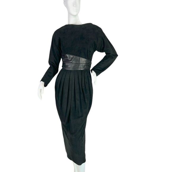 Vakko Vintage 80s Black Suede & Leather Backless Long Sleeve Midi Dress, Size 6 - Picture 2 of 15